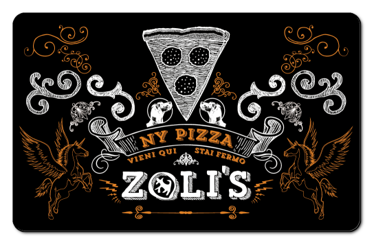 Zolis logo on a decorated background with a pizza slice